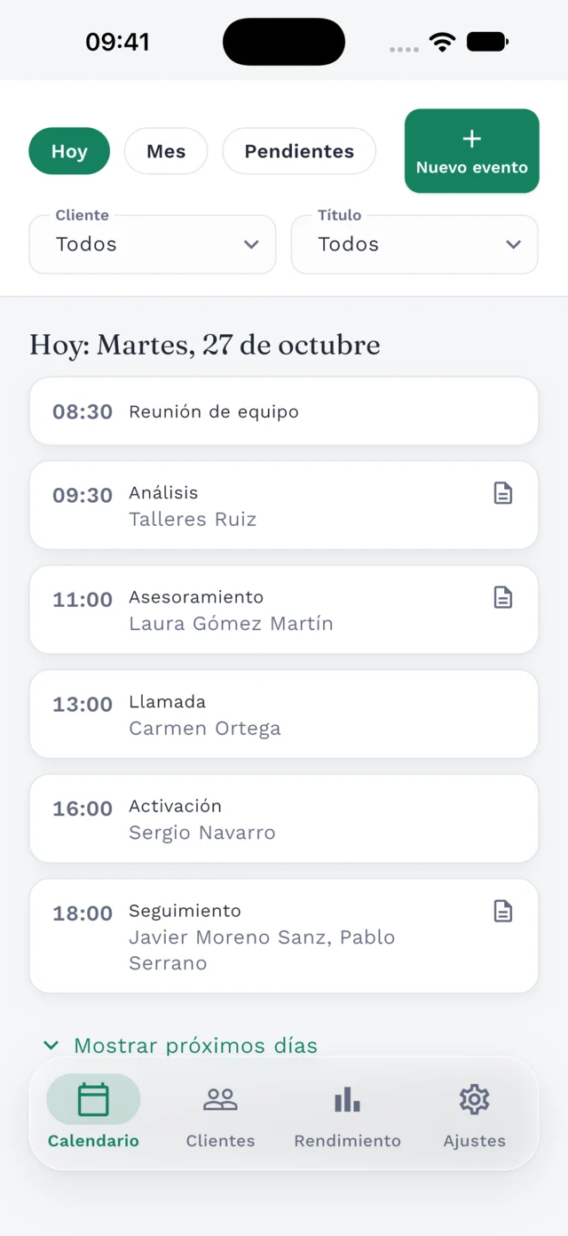 Agenda diaria de Clilot con eventos vinculados a clientes