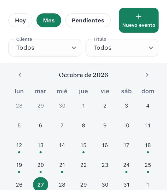 Vista mensual del calendario de Clilot con eventos